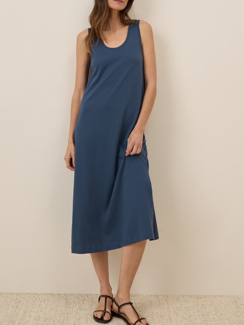 PACT organic cotton softspun relaxed tank midi dress side slit French navy sz s